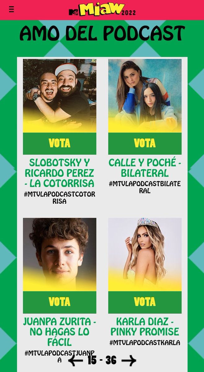 supportcacher's tweet image. ¡¡Bilateral de Calle y Poché nominado en la categoría "amo del podcast" en los premios MTV MIAW 2022!!
Para votar pueden ingresar a: miaw.mtvla.com/vota/amo-del-p… o mediante tweets usando el hashtag #PremiosMTVMIAW #MTVLAPodcastBilateral