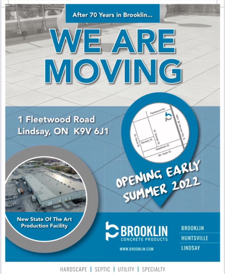 Brooklin Concrete Products will be open for business at our new state of the art production facility Monday, June 13th.          1 Fleetwood Rd. in Lindsay, Ontario. (Hwy 36 /North of Hwy 7)

Brooklin Concrete, do it once, do it right.