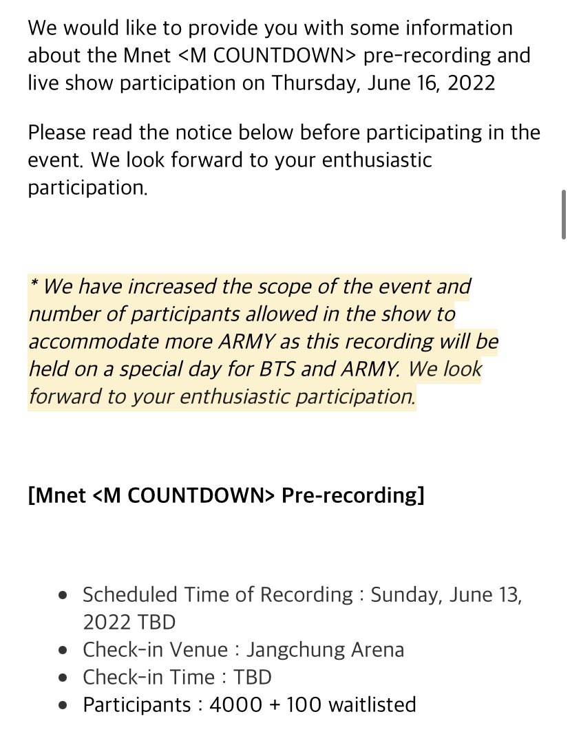 btsbaragi_jk's tweet photo. Pre-recording for M Countdown will be with 4000 ARMYs on June 13th๐ญ
โWe have increased the scope of the event and number of participants allowed in the show to accommodate more ARMY as this recording will be held on a special day for BTS and ARMY.โ๐ฅน https://t.co/MCagNOOMMQ