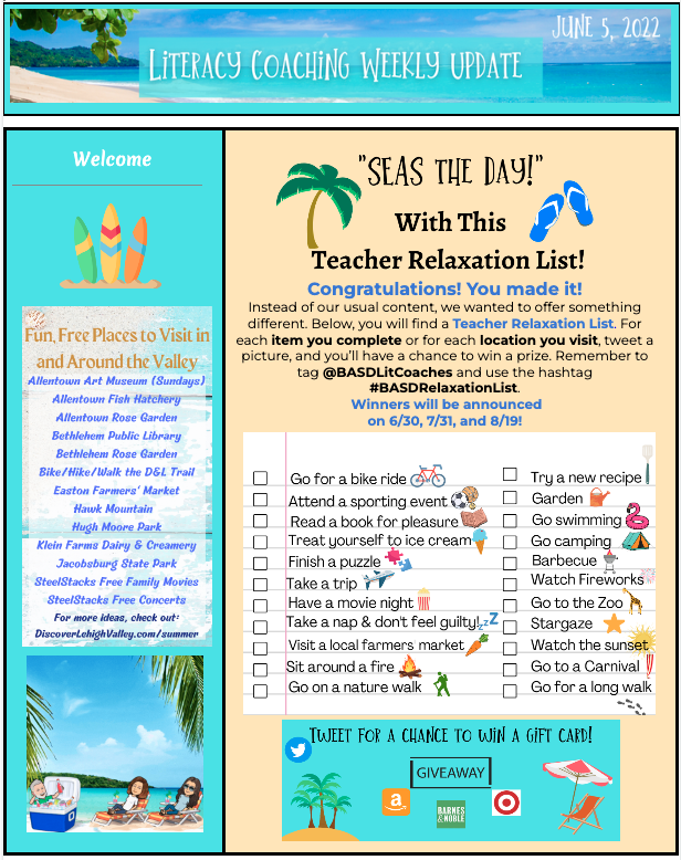 BASDLitCoaches's tweet photo. Congrats! It’s the last week of school, and it's time for a shell-ebration!” 🐚 Check out #BASDRelaxationList Twitter challenge this summer - there are 3 opportunities to win! @basdjacksilva @BASDLiteracy4Me @studysync https://t.co/iKobWP451C
