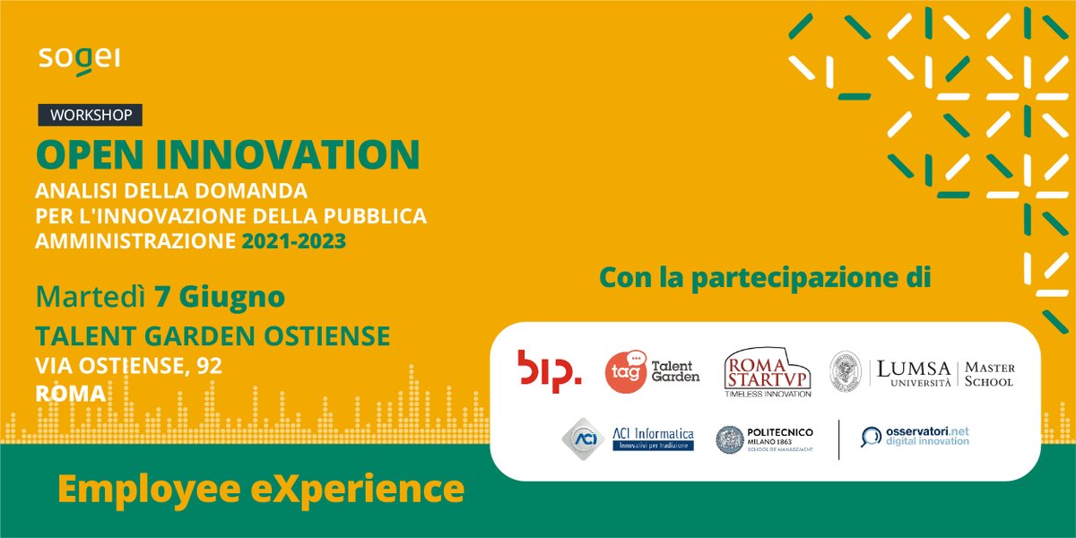 Sogei_SpA's tweet photo. #SogeiOpenInnovation Martedì 7 giugno nuovo appuntamento dedicato all’Employee eXperience. Ispirerà i lavori del #workshop la Prof.ssa Martina Mauri, Direttrice dell'Osservatorio HR Innovation Practice e Ricercatrice dell'Osservatorio Smart Working @Osserv_Digital https://t.co/TSO86zViNR
