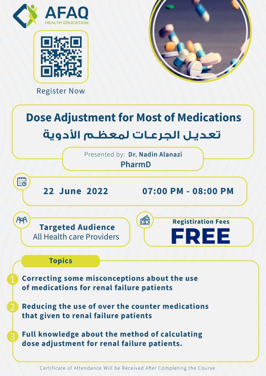 AfaqLms's tweet photo. The course will cover The importance of making dose adjustment &amp; How to calculate it accurately

🗓️ 22 June
🕖 7PM
💻 #FREE Registration

Register Now: https://t.co/baENruAfH2

#دورات_تدريبية #دورات_مجانية_أونلاين #منصة_آفاق #afaqlms #SCFHS #دورات_مجانية https://t.co/A6cuCMNBRu