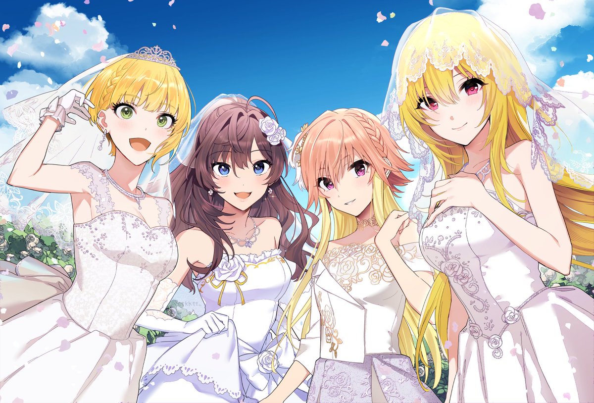 ichinose shiki ,miyamoto frederica ,ninomiya asuka blonde hair dress multiple girls 4girls wedding dress bridal veil white dress  illustration images
