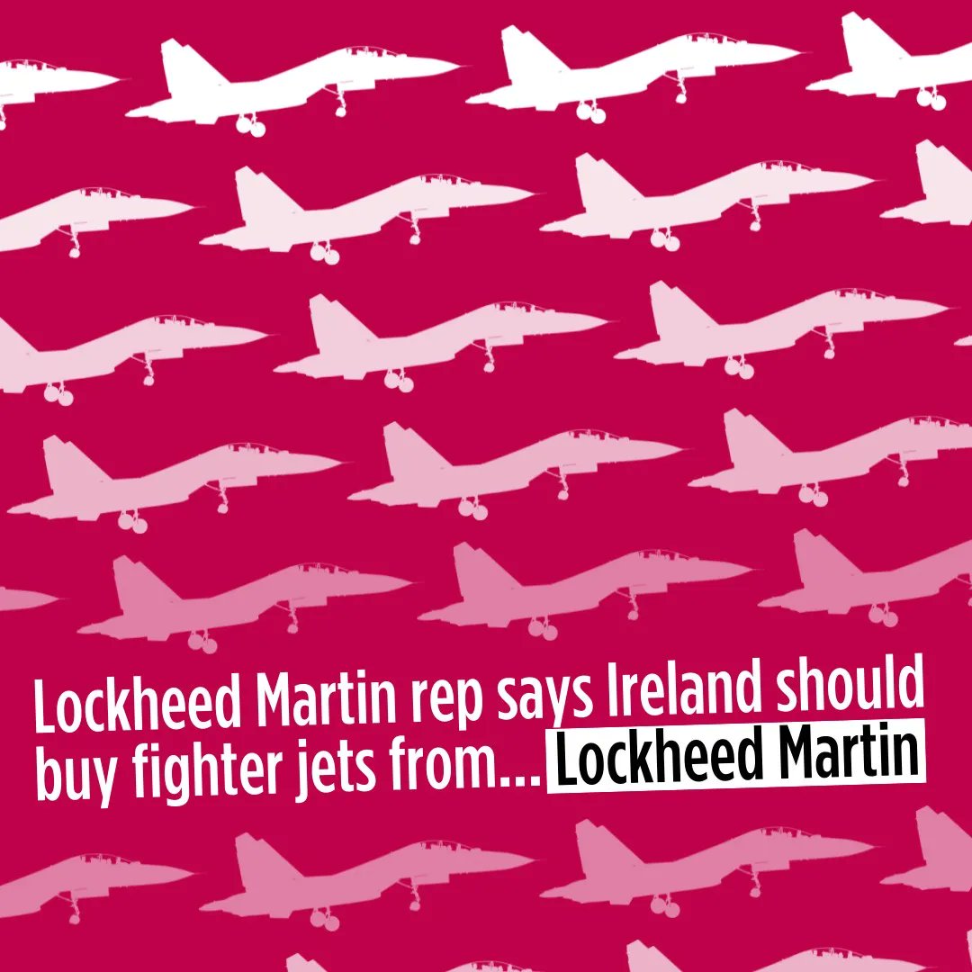 pb4p's tweet photo. Lockheed Martin are trying to peddle their fighter jets.

Scrapping Irish neutrality won't make the world a safer place. But it will make arms dealers richer.

Defend Irish Neutrality.

#WarIsARacket #DefendNeutrality #IrishNeutrality #NoToWar https://t.co/vkjXfPlhpD