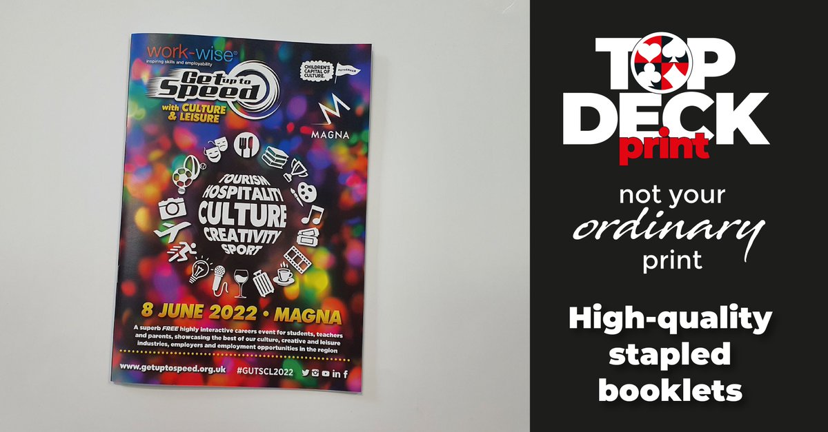 TopDeckPrint's tweet image. We are pleased to have printed the programme and event map for the @GUTS_Careers with Culture &amp;amp; Leisure programme the careers showcase at @MagnaScience this Wed.
Talk to us about your A4, A5, A6 or DL #stapledbooklets, event programmes, workbooks and more... sales@top-deck.co.uk