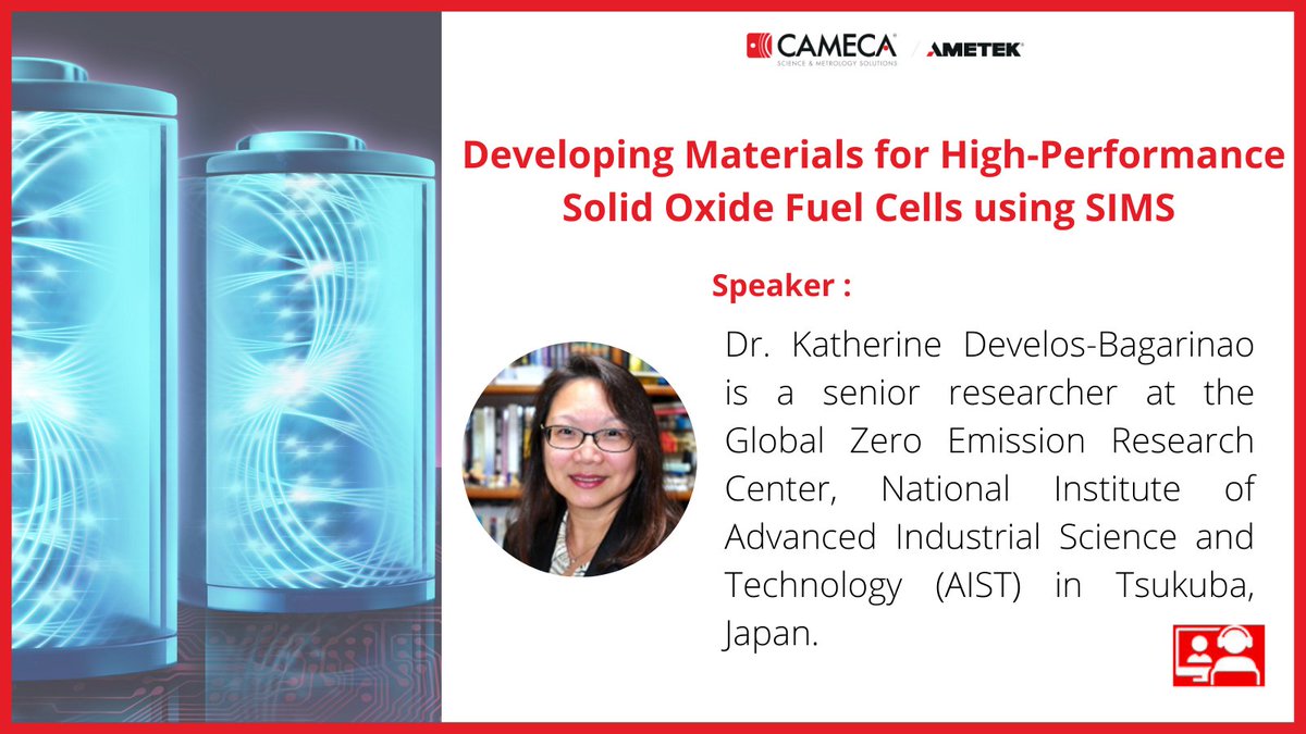 🎥 [Developing Materials for High-Performance Solid Oxide Fuel Cells using SIMS] Join us this Thursday for this webinar with Dr. Katherine Develos-Bagarinao 👉 us06web.zoom.us/webinar/regist… #fuelcells #Science #technology