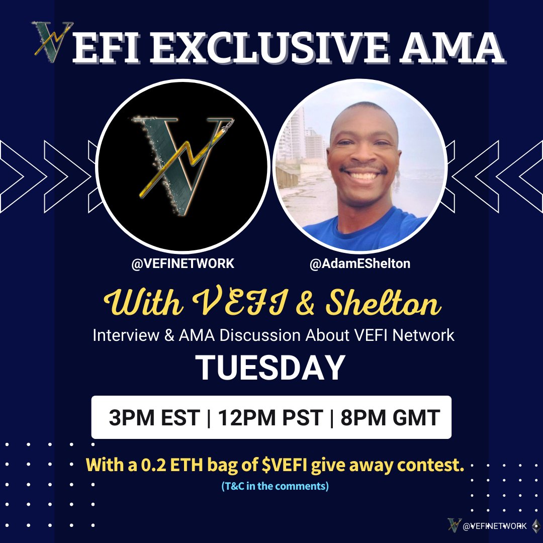 <a href="/VEFINetwork/">VEFI Network</a> is having an exclusive interview with <a href="/AdamEShelton/">Adam Shelton (Captain)</a> at 3PM EST | 12PM PST | 8PM GMT on Twitter spaces. 

We will be discussing everything $VEFI, an AMA and our final presale. 

We look forward to seeing you there!🚀😁

Join our presale: t.me/VefiNetworkPOR… 💎