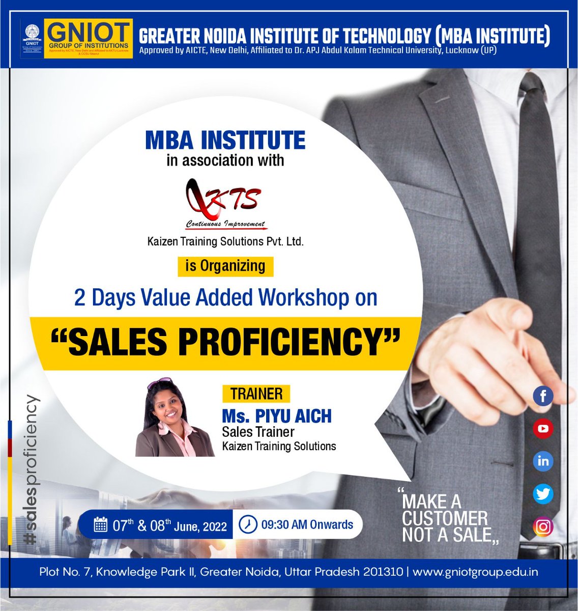 GNIOT MBA Institute is organizing a two days Value Added Workshop on 'SALES PROFICIENCY' for MBA Students.

Visit our Website: gniotmba.net
Toll Free No.: 18002746969

#MBA #GNIOTMBA #GNIOT  #College #Institute #GNIOTCollege #SalesProficiency #KaizenTrainingSolution