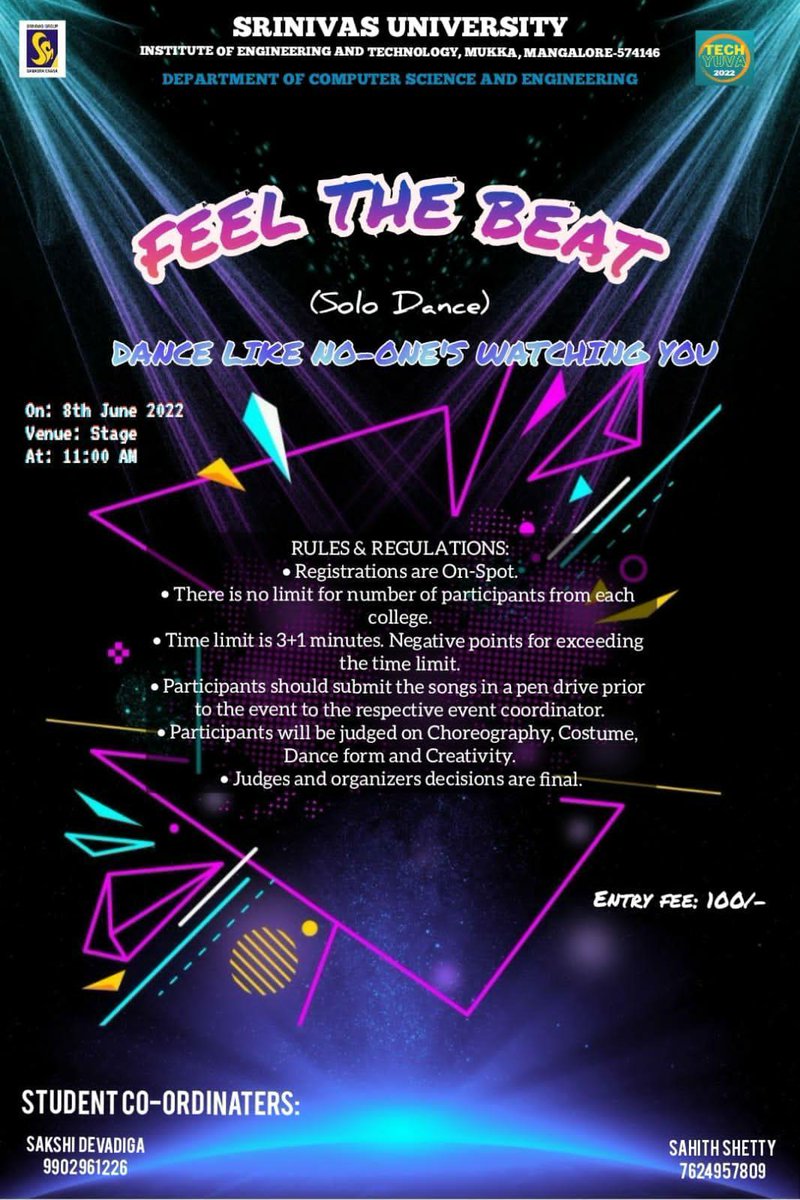 TechYuva's tweet photo. Feel The Beat, Solo Dance Competition at Tech Yuva 22...
#TechYuva #TechYuva22 #SUIET #SrinivasUniversity #Mukka #Mangaluru #Mangalore #TechFest #Dance https://t.co/OhffyEyQvN