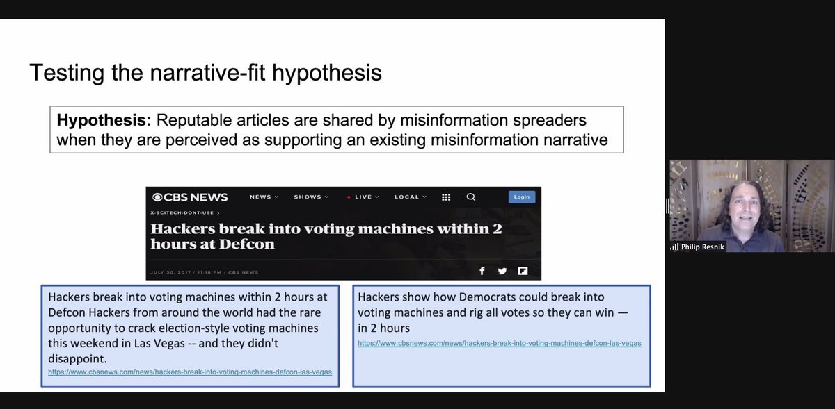 manoelribeiro's tweet photo. Phil Resnick discusses the "narrative-fit" hypothesis: reputable articles are shared by misinformation spreaders _when they are perceived as supporting an existing misinformation narrative!_  #ICWSM2022 #Mediate2022 https://t.co/RZFlq1Feah