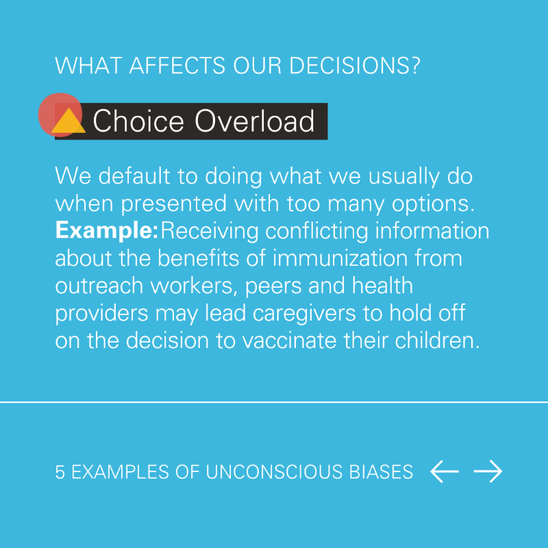 UNICEFInnocenti's tweet photo. What affects our decisions? 
 
💡 Availability bias 
💡 Confirmation bias 
💡 Choice overload
💡 Omission bias 
💡 Present bias 

At the #BIRDLab, we do research on how to help people follow through with their intentions. 
 
Learn more 👇