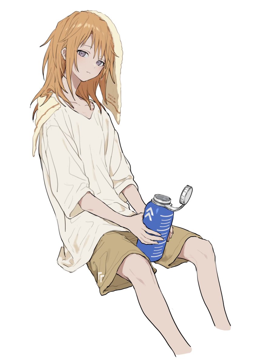 yuuki haru 1girl solo towel shorts bottle white background sitting  illustration images