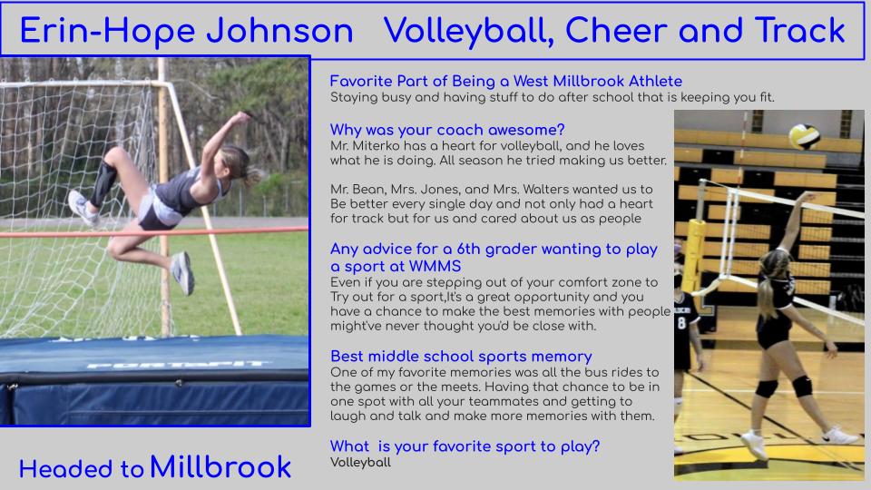 West Millbrook Athletics (@wmmmswildcats) on Twitter photo Another amazing 8th grade athlete. This athlete is appreciative of all her coaches do and understands how hard they work. Click on her spotlight below to read about her year. Erin-Hope is headed to Millbrook <a href="/MillbrookSports/">Millbrook Athletics</a> Another amazing 8th grade athlete. This athlete is appreciative of all her coaches do and understands how hard they work. Click on her spotlight below to read about her year. Erin-Hope is headed to Millbrook <a href="/MillbrookSports/">Millbrook Athletics</a>