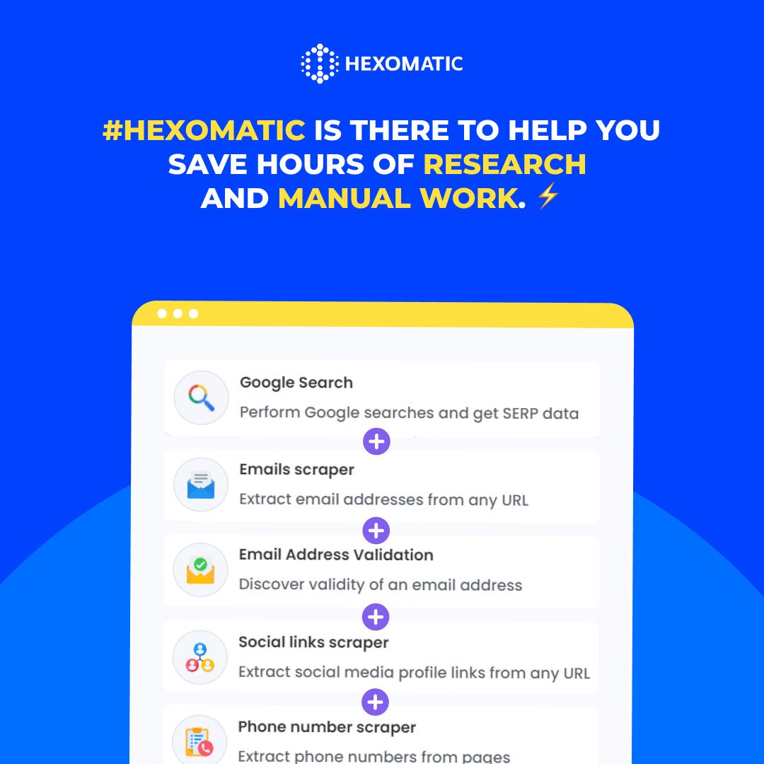 Still in search of contact details for relevant SEO guest post publishers to build backlinks and boost your authority?

#Hexomatic is there to help you save hours of research and manual work. ⚡

#guestposting #growthhacking #buildbacklinks #Hexosystem hexomatic.com/ready-made-wor…