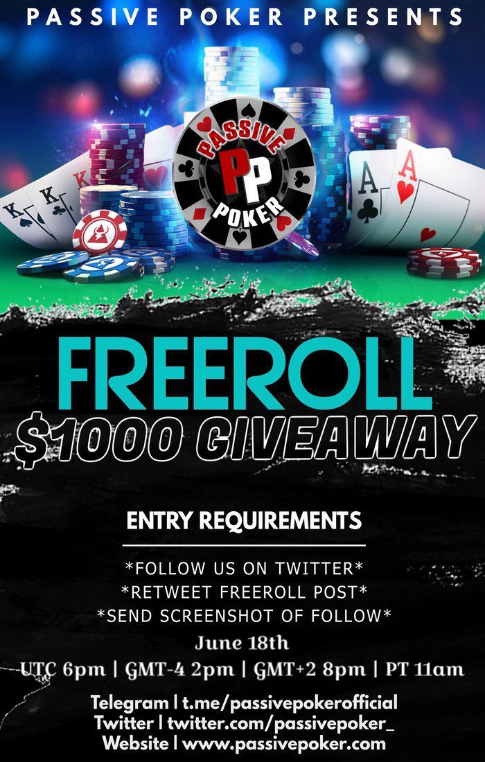 Passive Poker $1000 Freeroll 🔥 
To be accepted into tournament  -Retweet/Like this post
-Follow our Twitter 
-Send screenshot of steps above to our Twitter DM with your PID.
Log in to your club, join and we will accept you! Club ID : 1123 ! GOODLUCK 🔥
