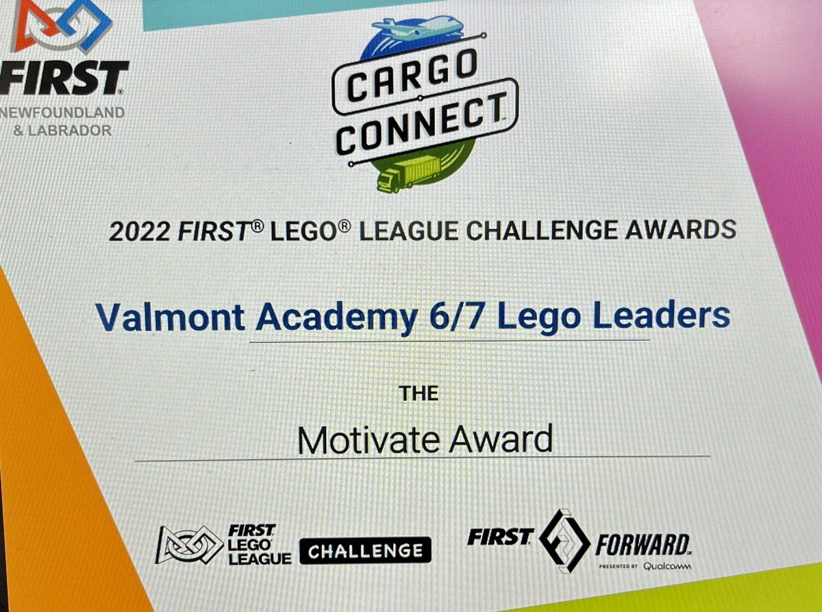 Happy day here at Valmont Academy! The results are in from <a href="/NLFIRSTRobotics/">FIRST Robotics NL</a>. Our two teams achieved big time! Our 8/9 team won the 1st Place Champion’s Cup and our 6/7 team won the Robot Design Award and Motivate Award. #HardWorkPaysOff Thanks to <a href="/tanya_math/">Ms. Warford Math</a> for great dedication.