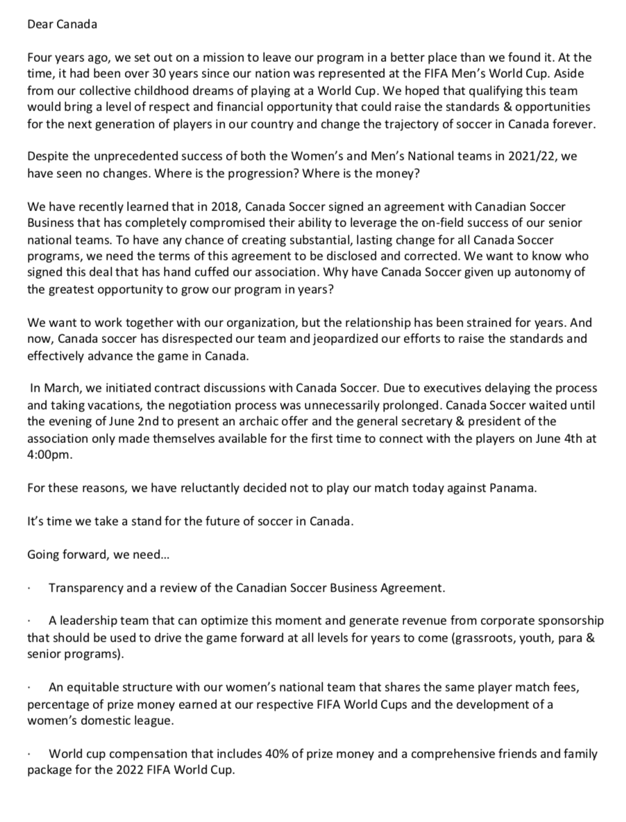 MacJordaN's tweet photo. Very refreshing to see the @CanadaSoccerEN team requesting a review of Canada Soccer’s broadcast and sponsorship contracts, as well as 40% of World Cup qualification money and a shared deal with the women’s team that includes equal match fee compensation. #DearCanada #Equality https://t.co/iLnAwRvbj6