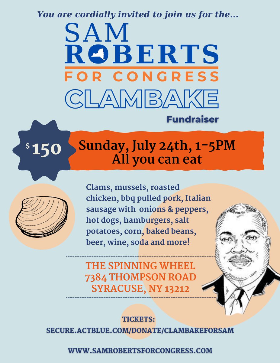 samrobertsny's tweet photo. Join us on Sunday, July 24th for the SAM ROBERTS FOR CONGRESS CLAMBAKE Fundraiser. Get your ticket today! #NY22 

Tickets available at:
https://t.co/xOP9I0Xm7C 

Join the campaign:
https://t.co/UlnOkryBtg https://t.co/klVeMUS4Yx