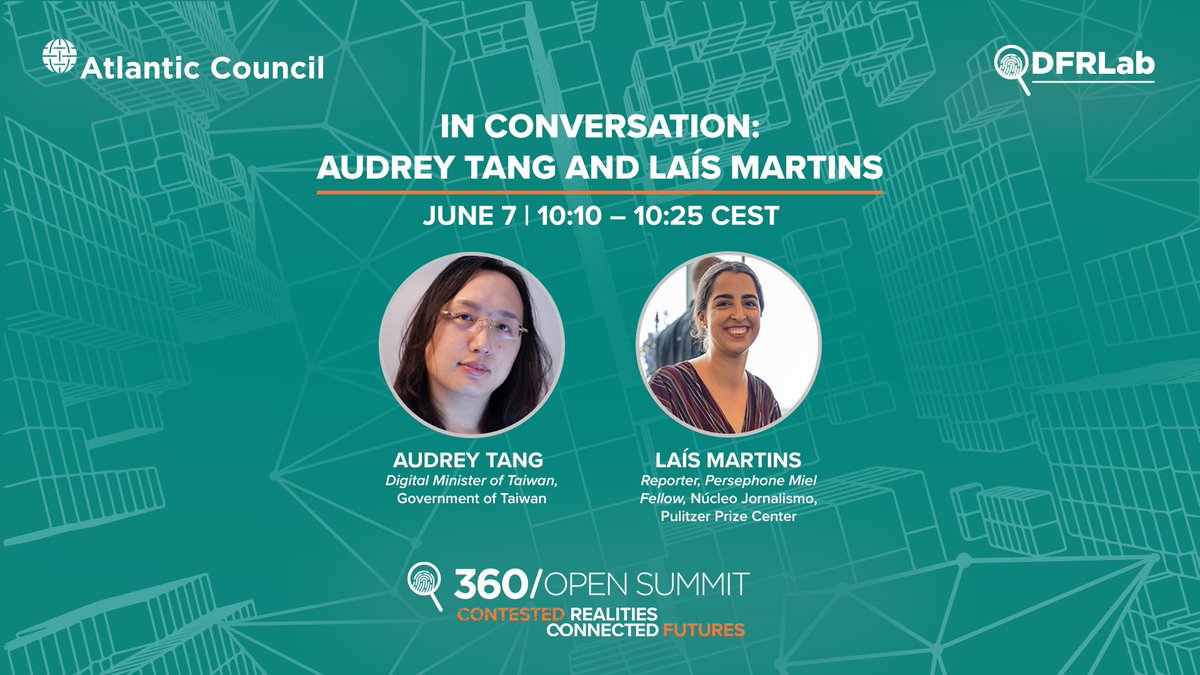 Wishing I was in Brussels for @DFRLab's #360OS, but I am happy to be there virtually in conversation with @audreyt, Taiwan's Digital Minister. We will be chatting about civic tech and democracy, platforms, Taiwan, and Brazil. Tune in tomorrow at 10:10 CEST 🥳