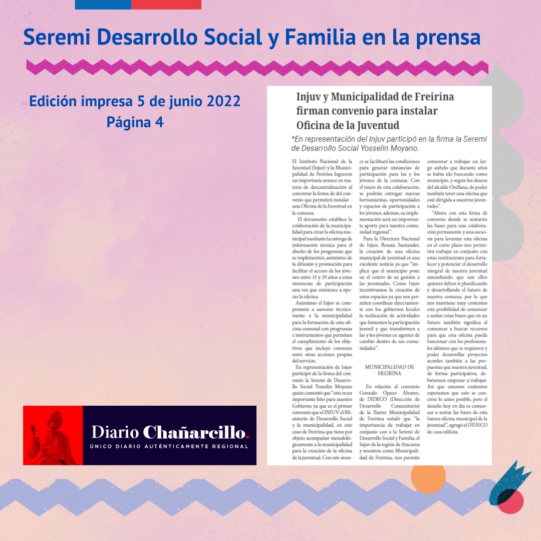 🗞️Agradecemos difusión en los medios escritos de #Atacama sobre el convenio de @INJUV_ATACAMA con <a href="/FreirinaIM/">Muni Freirina</a> 

✅Diario de Atacama bit.ly/3PY1j0N

✅Diario Chañarcillo bit.ly/39b9Wo3

✅Noticiero del Huasco bit.ly/3NoroEq