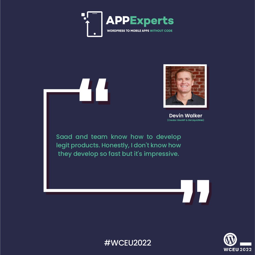 appexperts_io's tweet photo. Yay! We're at cloud nine as renowned WordPresser Devin Walker (Creator GiveWP & GM Liquid Web) has praised our team π
#APPExperts #DevinWalker #GiveWP #LiquidWeb #TeamAPPExperts #Proud #WC2022 https://t.co/IkyELy8HaF