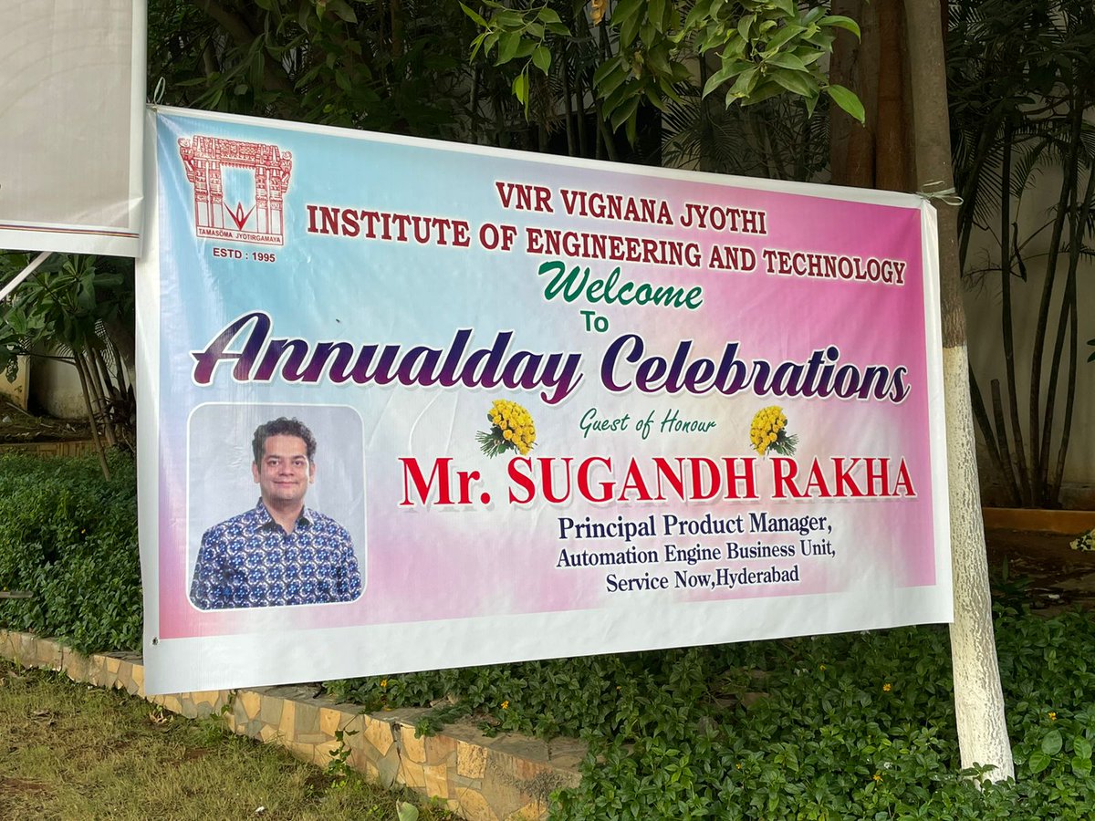 sugandh's tweet photo. Thanks, @VnrvjietO for inviting me as the 'Guest of Honor' at your Annual Day.

It was a humbling experience to represent ServiceNow India and to share the stage with Prof. Katta Narasimha Reddy, Vice-chancellor, JNTU &amp; Suresh Daggubati Garu @SBDaggubati, President, Vignan Jyoti. https://t.co/47jBwRExYI
