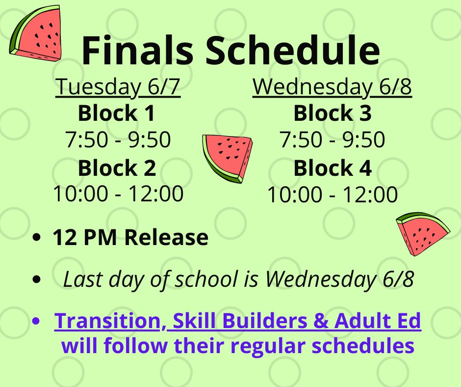 Finals are Tuesday and Wednesday this week, with Wednesday, June 8th being the last day of school! Let the countdown to summer begin! ☀️☀️☀️