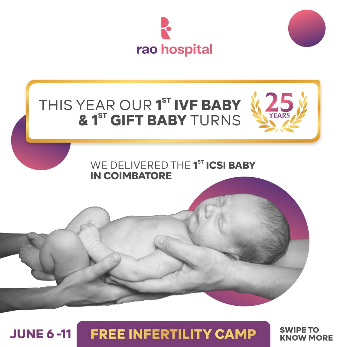 Raohospital's tweet photo. Our First IVF Baby, 1st GIFT Baby turns 25 years old. For this moment, we have organized a Free Fertility Camp from June 6 to 11. You will learn about your fertility and how to create the family you want with the help of our experts. 

To register DM us or call +91-9597911425 https://t.co/koSPrA9sns