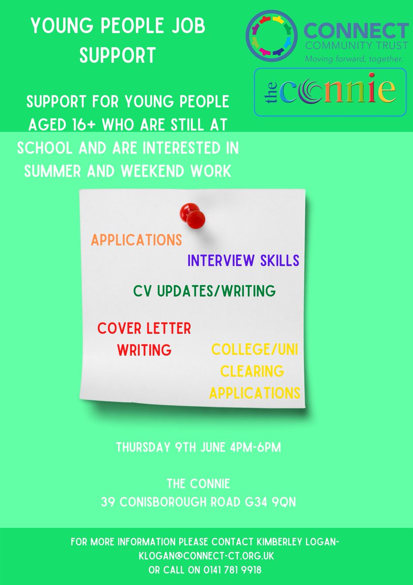 Kimberley Logan (@cctkimberley) on Twitter photo Employment support drop in for young people 16+ Support to apply for part or full time jobs for weekends/school holidays or working around other commitments.
Tuesday 7th June 4pm-6pm @ The Connect Centre, Wellhouse
Thursday 9th June 4pm-6pm @ The Connie, Provanhall
<a href="/TrustConnect/">Connect Community Trust</a> Employment support drop in for young people 16+ Support to apply for part or full time jobs for weekends/school holidays or working around other commitments.
Tuesday 7th June 4pm-6pm @ The Connect Centre, Wellhouse
Thursday 9th June 4pm-6pm @ The Connie, Provanhall
<a href="/TrustConnect/">Connect Community Trust</a>