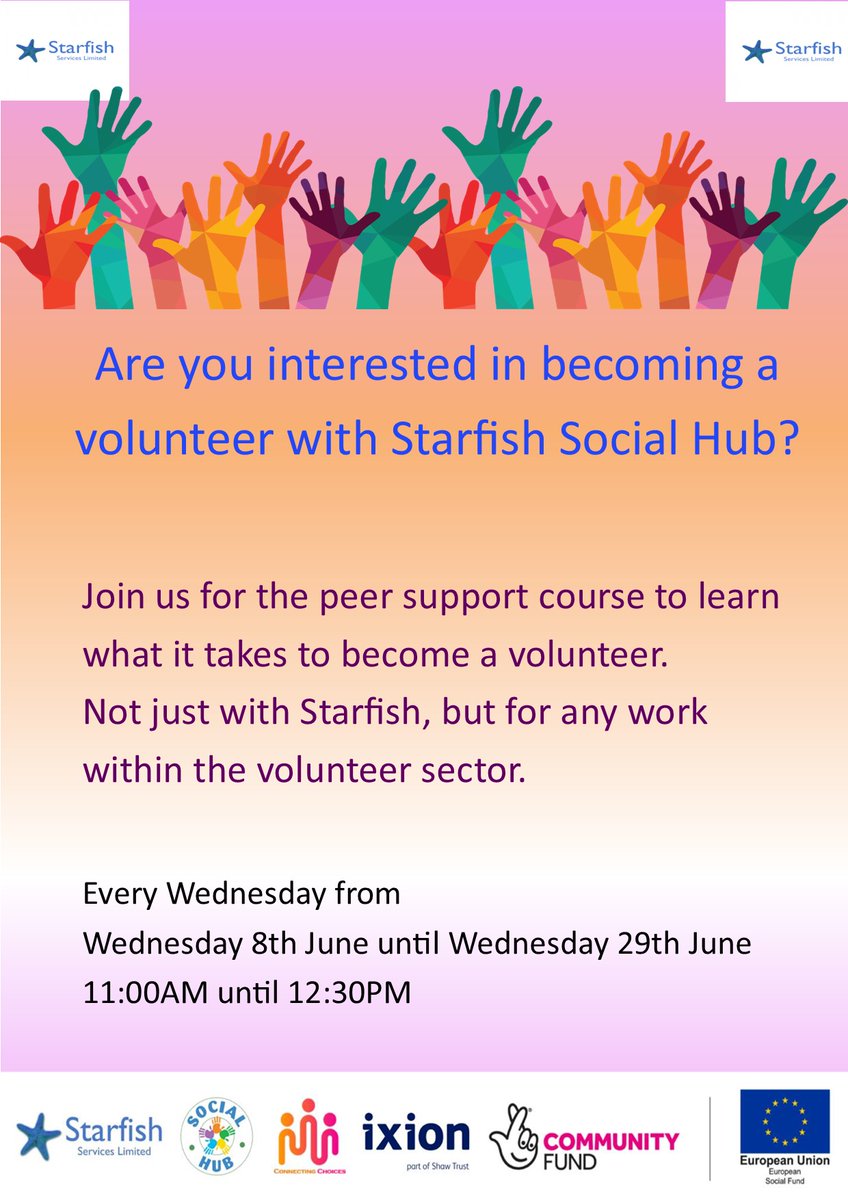 🤩Peer Support Course, Level 1🤩
Participants are welcome to come and join us for our peer support course! 
Learn what it takes to become a volunteer, including handling situations and exploring the different options of volunteering for starfish and beyond! :)