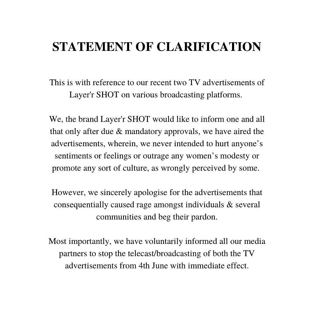 MirrorNow's tweet photo. #Layerrshot issues a statement of clarification & apologises after receiving a massive backslash over their latest ad of allegedly promoting "rape culture."
The brand said "only after due & mandatory approvals," they aired the advertisement. https://t.co/dcJlqcjxP5