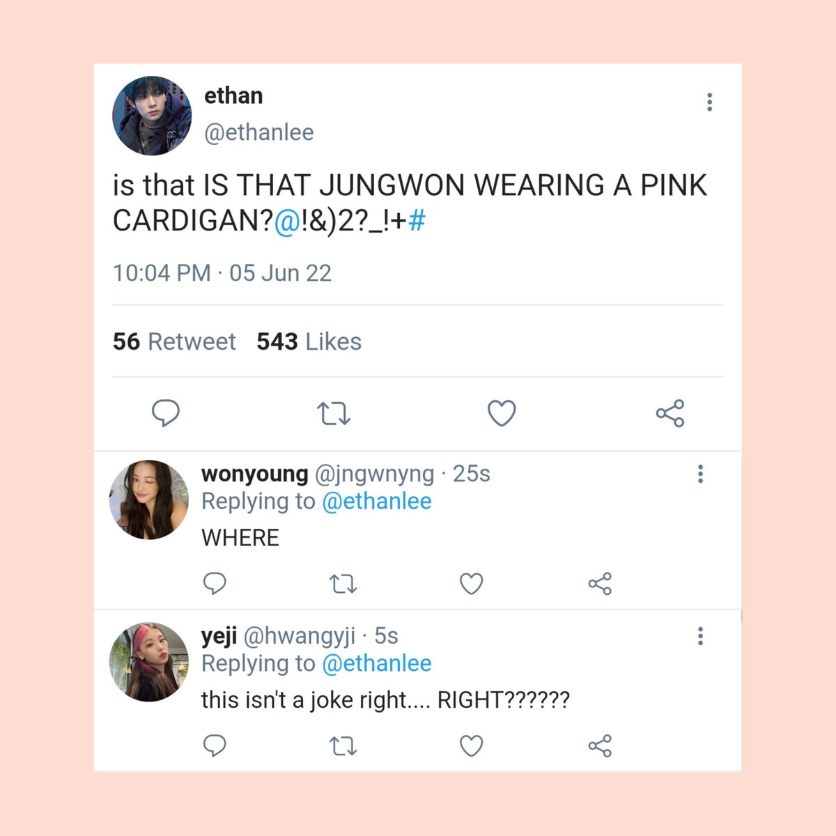 sunoosroses's tweet photo. cardigan
a #sunwon mini au;

wherein jw the intimidating, scarier half, goes to school wearing a pink cardigan. which is unlikely of him—their friend group thinks, and sn, the cute and bubbly boyfriend, might be the reason for that. https://t.co/dp5asMbXpl