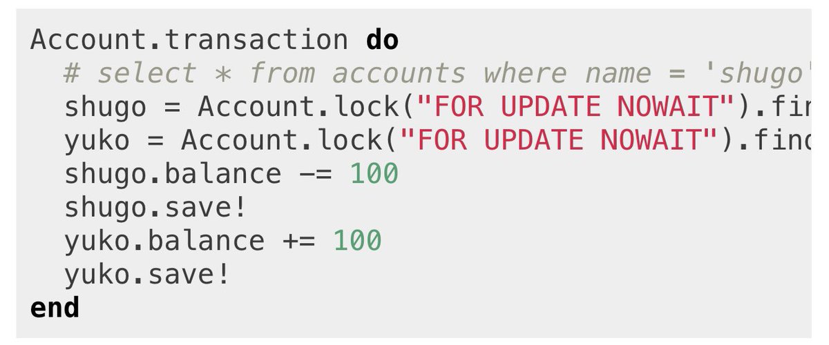 @ShinoKouda Transaction + pessimistic locking would be my approach here. See the example from Rails API itself. Also for financial stuff it’s err in favor of the customer. So ensure that transactions don’t get double booked etc.