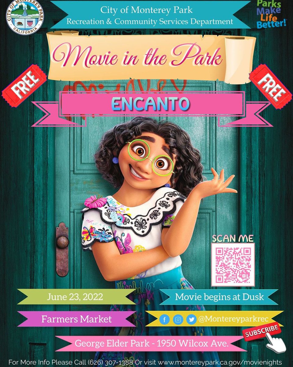 alhambrausd's tweet photo. #CityOfMontereyPark Recreation + Community Services Dept. is hosting 🎥

Summer Movies in the Park‼️
ENCANTO 🎉🥰🎈
Thursday, June 23, 2022 
at Dusk 🌇
￼
￼George Elder Park 
at the Farmers Market 
1950 Wilcox Ave.
. https://t.co/ARAQYKh6XF