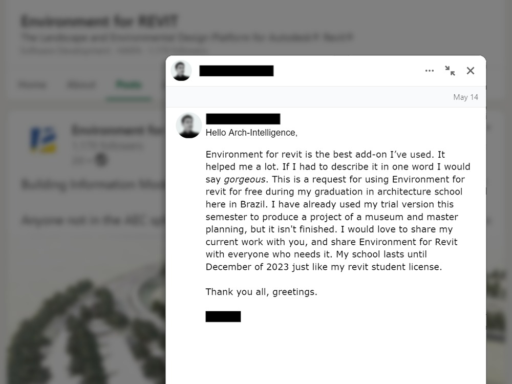 Arch_Intell's tweet photo. We received an email from an architecture student that uses the Environment for #Revit® plugin and absolutely loves it. He didn't know we offer a FREE license for students during their landscape architecture studies. 
Click on the link below to read more:
https://t.co/NsNZsltlvy https://t.co/Y6ph3dr63e