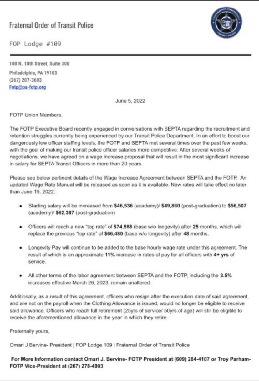 Steve Keeley on Twitter: "3/4 DETAILS HERE: New @SEPTA police contract  proposal with biggest raise in 20 years to help get more people to want to  join and then actually stay on