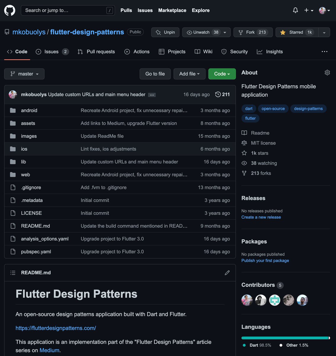 mkobuolys's tweet photo. Today I woke up and saw this 🤩

1K stars on the #Flutter Design Patterns repository - this is huuuge!

Thanks to all of you 🙏 I am more than happy that this niche project became so popular and helps a lot of developers to improve every day.

Links 👇

@FlutterDev #opensource https://t.co/ownhYwwDzZ