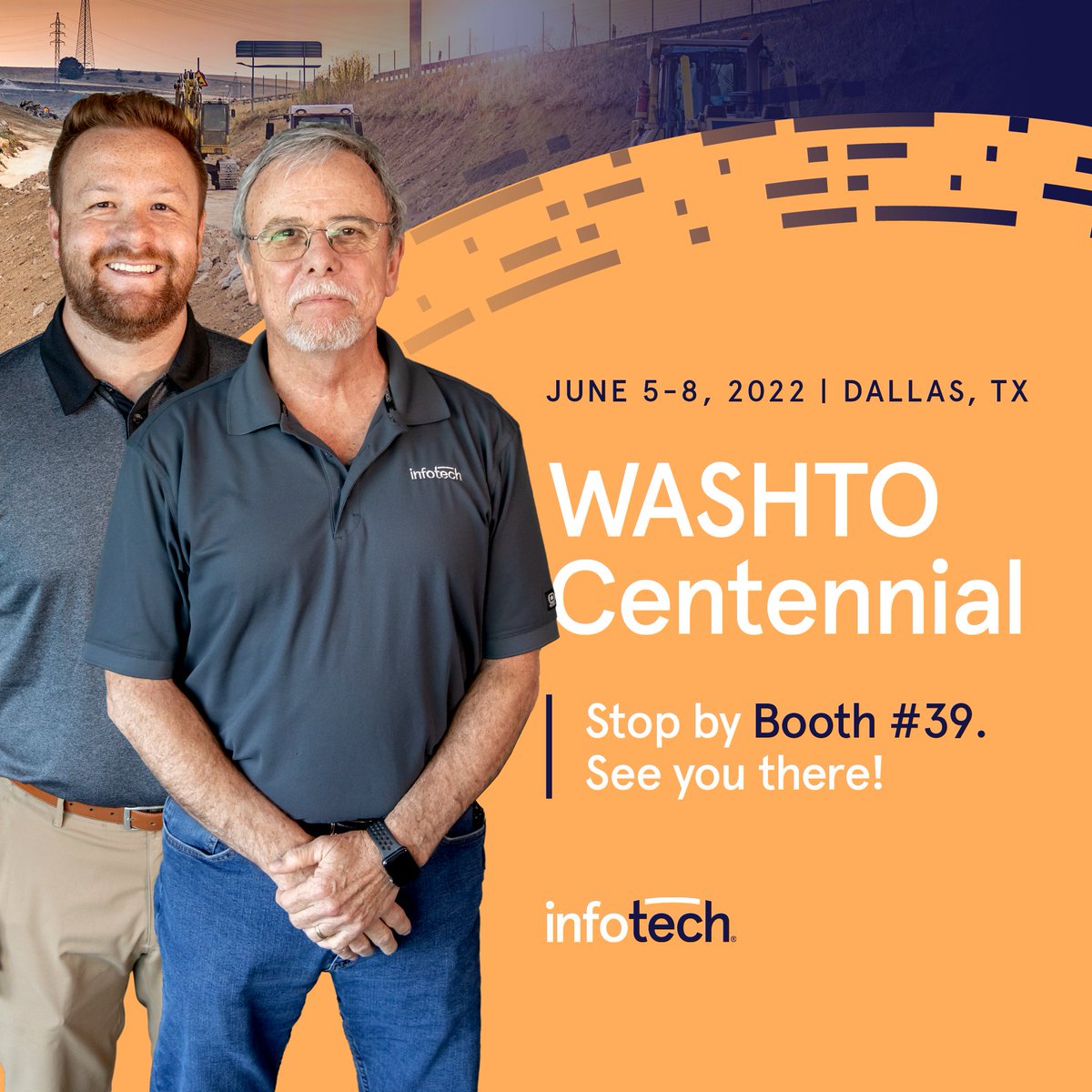 infotechinc's tweet image. It&apos;s a conference heavy week! We&apos;re kicking things off with a trip to Texas for the WASHTO Centennial, where Ron and Gavin will be stationed at booth 39 to talk e-Construction solutions. Here&apos;s to the past, present, and future of transportation!

#WASHTO #transportation