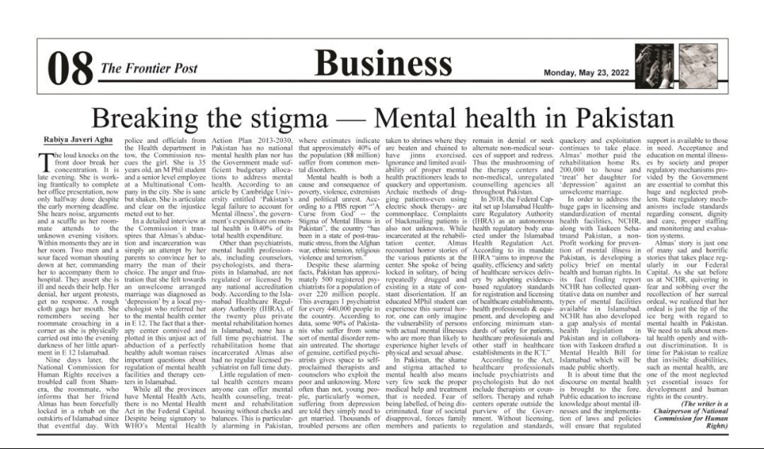 My article on state of mental health in Pakistan. Only 0.40% of health budget allocated to mental health.Also no proper regulatory framework to address increasing number of quacks that give out counselling & medication to patients. @nchrofficial @SocialistAzhar @TaskeenPakistan