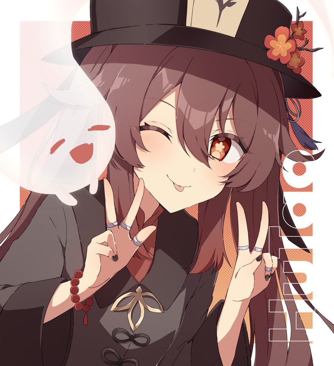 hu tao (genshin impact) 1girl one eye closed tongue tongue out hat jewelry brown hair  illustration images