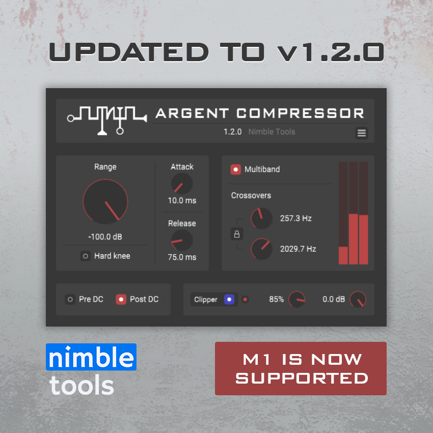NimbleTools's tweet photo. Argent Compressor 1.2.0 is out now! 🎸

This update adds support for Mac's M1 processor (Apple Silicon), plus an additional small performance boost for the UI.

https://t.co/WvCqaySIee @geoffplaysguit @audiofreqdj https://t.co/8SXA2a9pxo