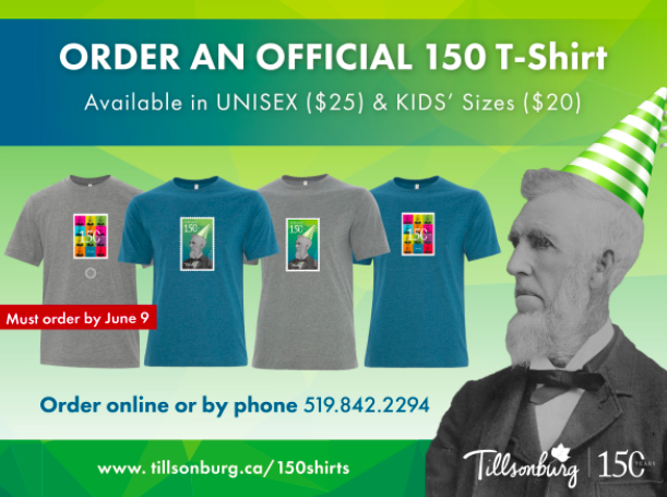 The Town of Tillsonburg is celebrating its 150th anniversary! Why not mark the occasion with a commemorative t-shirt. Orders must be placed by June 9 to ensure delivery by the last week of June: tillsonburg.ca/en/live-and-pl…