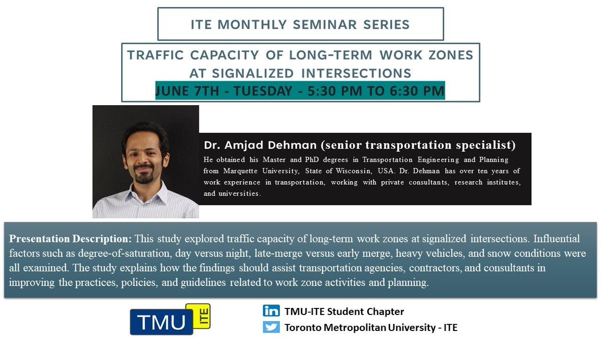 Just a reminder that tomorrow is the "Traffic Capacity of Long-term Work Zones at Signalized Intersections" seminar! From 5:30PM to 6:30PM (EDT) (Tuesday June 7th, 2022)

Register here: lnkd.in/gs-kHz44

We look forward to seeing you there!