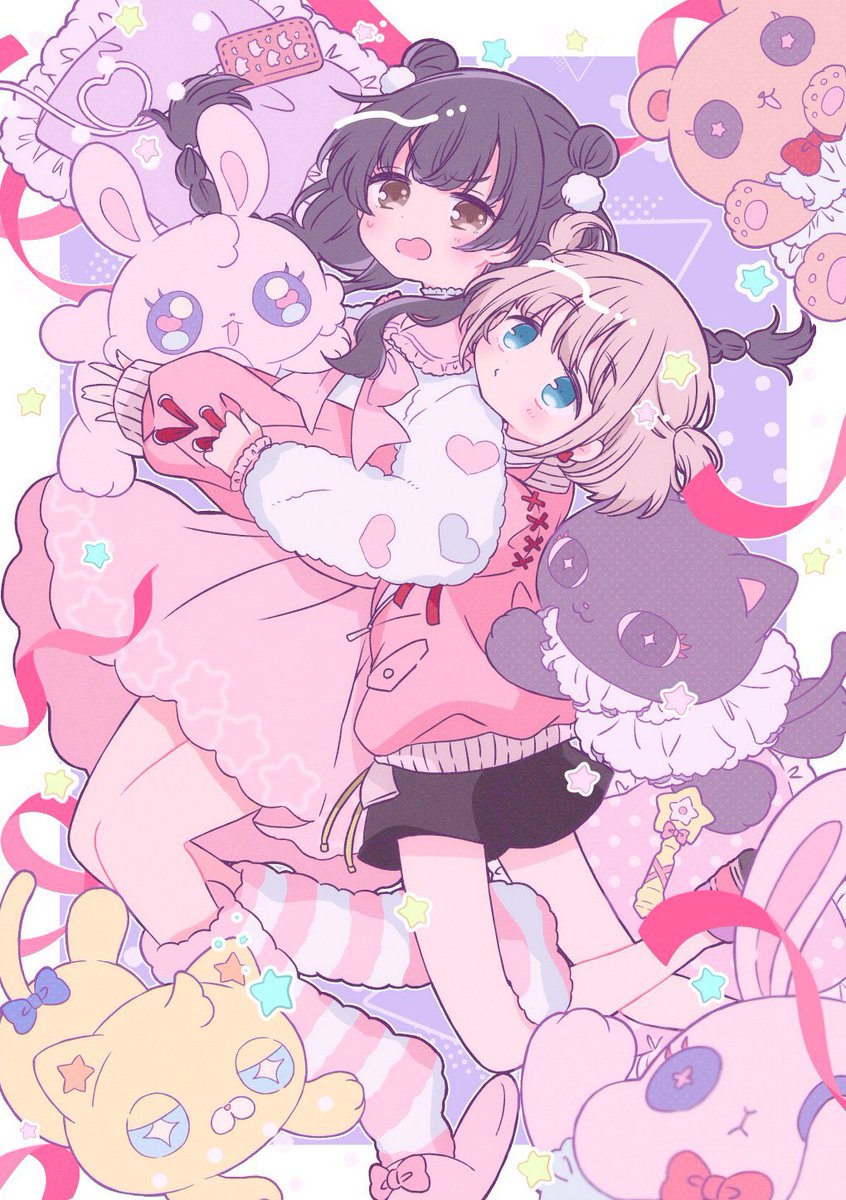 mayuzumi fuyuko ,serizawa asahi multiple girls 2girls stuffed toy stuffed animal black hair blue eyes shorts  illustration images