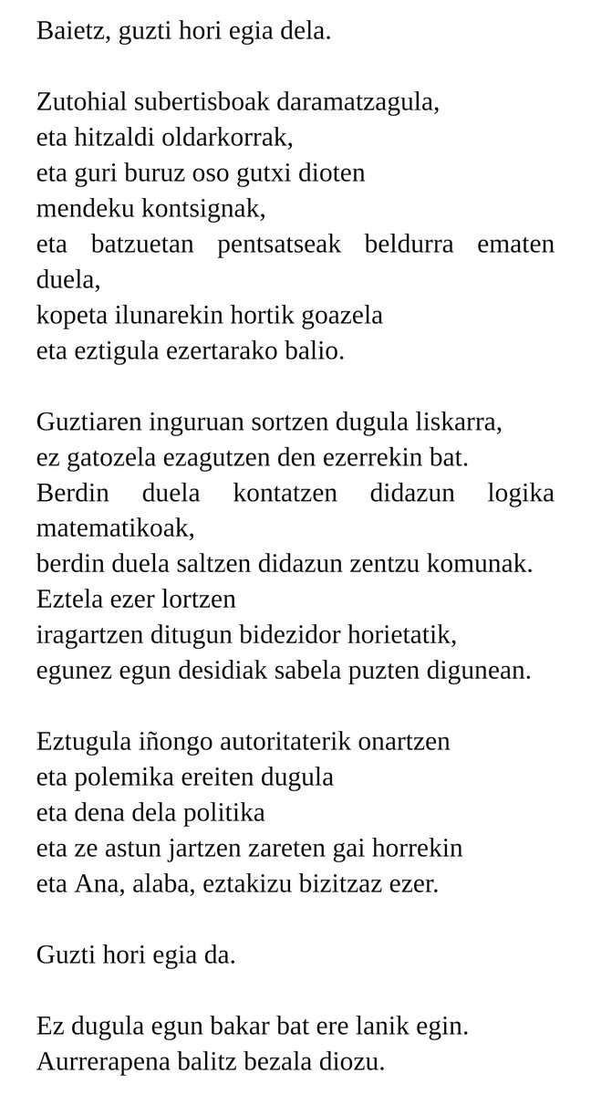 itezireg's tweet image. Gata Cattanaren "Todo lo demás, no" poema euskerara itzuli egin dut, momenturako aproposa delakoan.
