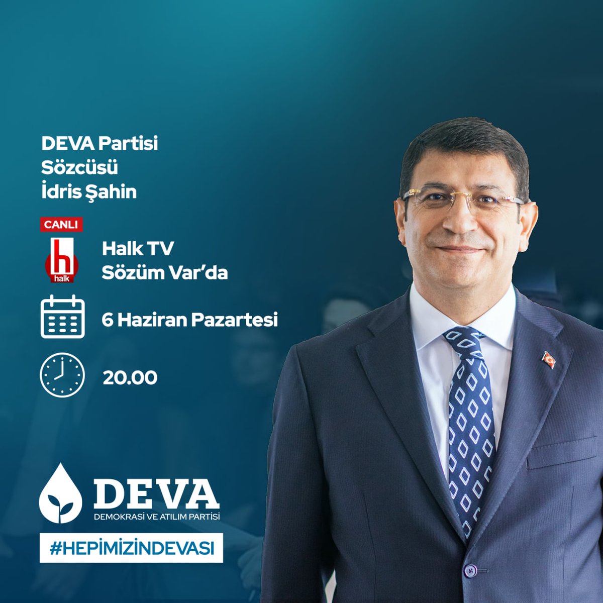 devapartisi's tweet photo. 💧🌱 DEVA Partisi Sözcüsü @avidrissahin 6 Haziran Pazartesi,

🗓 BUGÜN

🕰 20.00’de 

📺 @halktvcomtr'de @siring ile ‘Sözüm Var’ yayınında gündemi değerlendirecek. https://t.co/O1xs7zmhqO