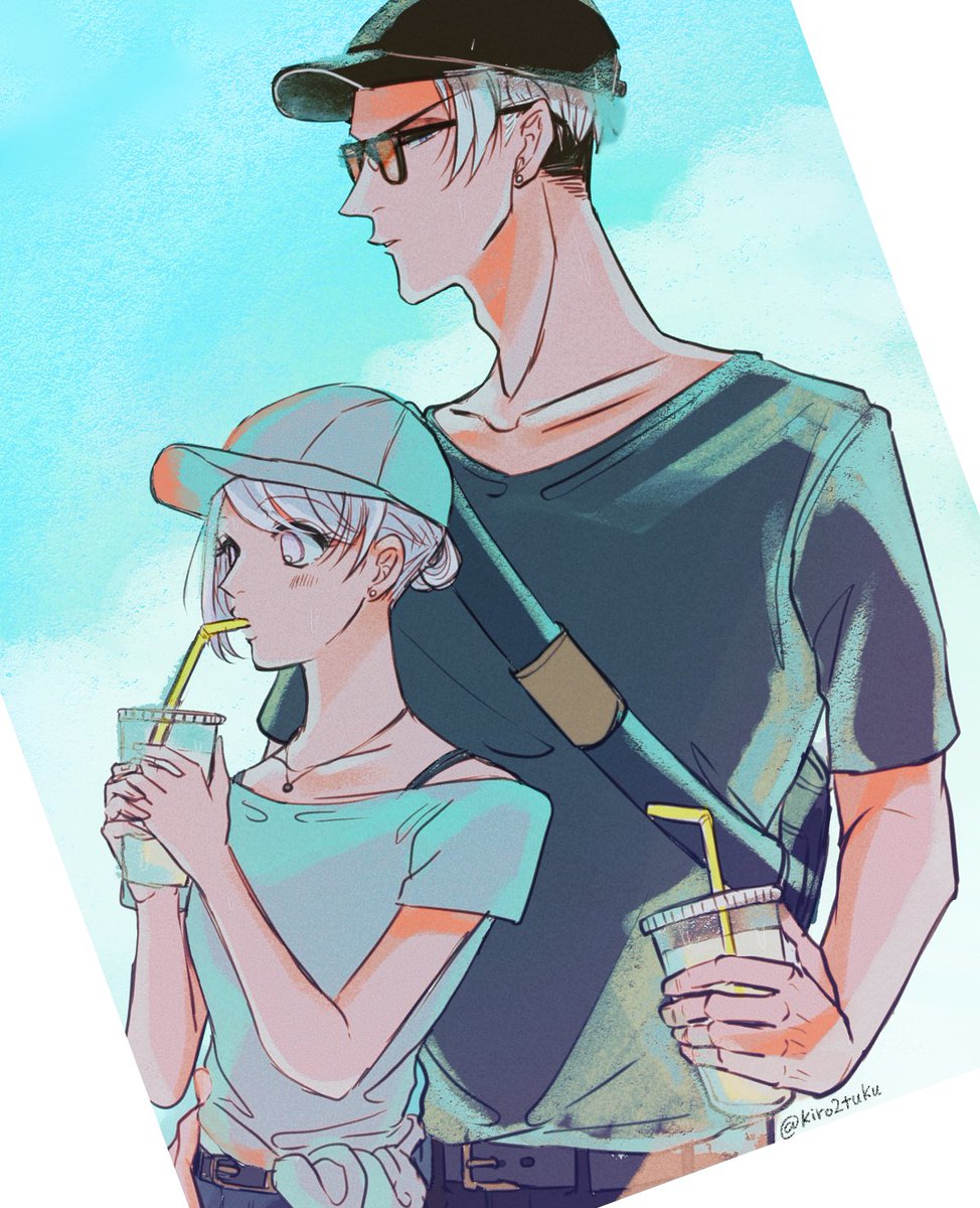 1girl 1boy hat shirt sunglasses baseball cap holding cup  illustration images