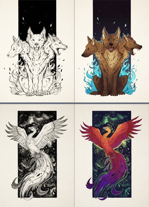 Wondering whether to turn my black &amp; white prints into colour prints, since a lot of my work is pretty strong in colour these days I'm not sure if the b/w ones look a bit out of place now. The colour ones are super rough just to give an idea how they might look. Poll below! 