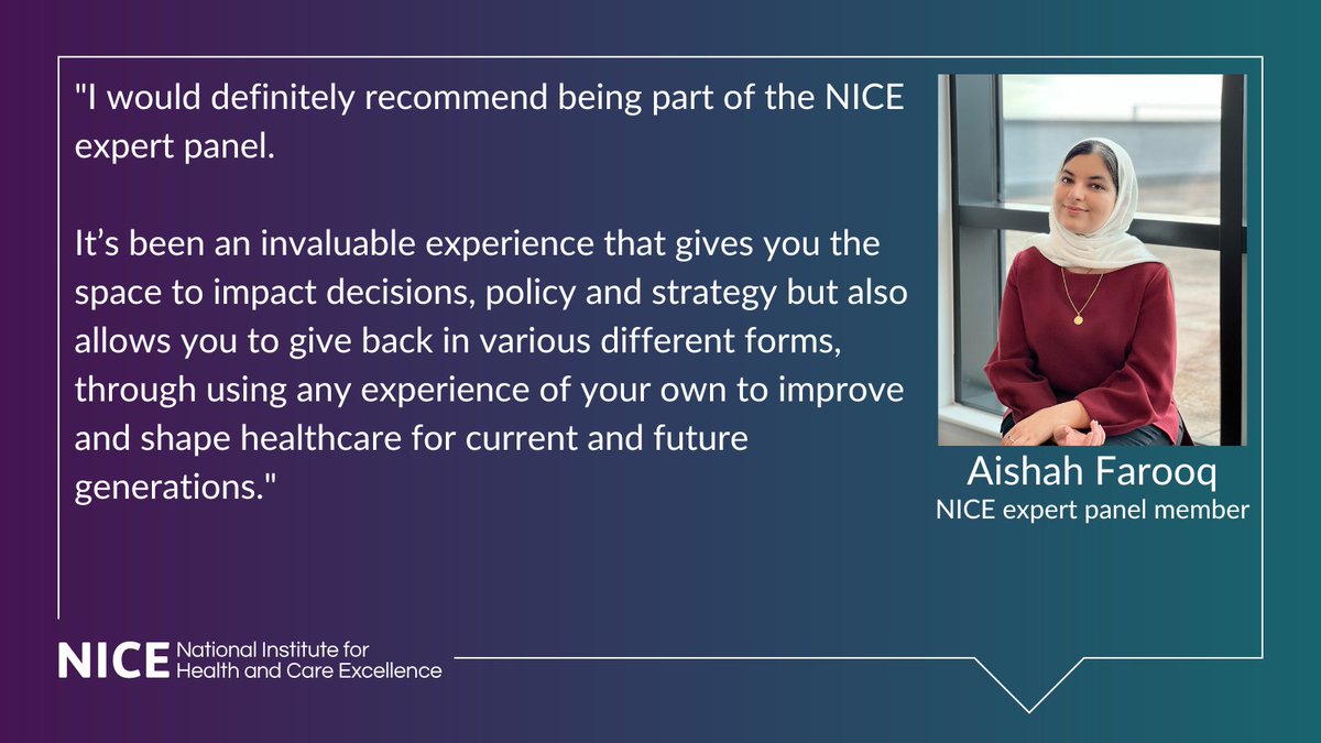 NICEGetInvolved's tweet photo. Could you join @ItAishahF on our #NICEExpertPanel, bringing the #PowerOfYouth to shape guidance for the NHS and social care?

Aishah has found it worthwhile, and we would love to work with more young people. 

You can apply here: https://t.co/A9XrbImJYL https://t.co/4Y4l8JaWWK