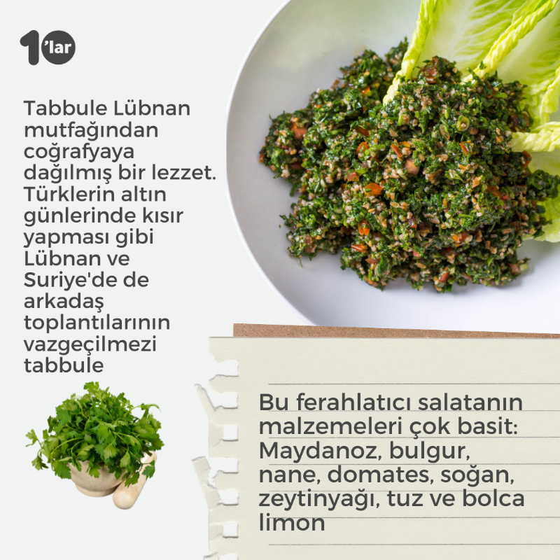 10larMedya's tweet photo. Kısır yaparken kullandığımız malzemelerle lezzetli mi lezzetli bir #tabbule de yapabiliriz.

Tabbule, Arap Salatası olarak da biliniyor. 

#Lübnan mutfağından çıkan bu lezzetin Kısır ile arasındaki temel fark ise bulgurunun az ve salçasız kullanılması.